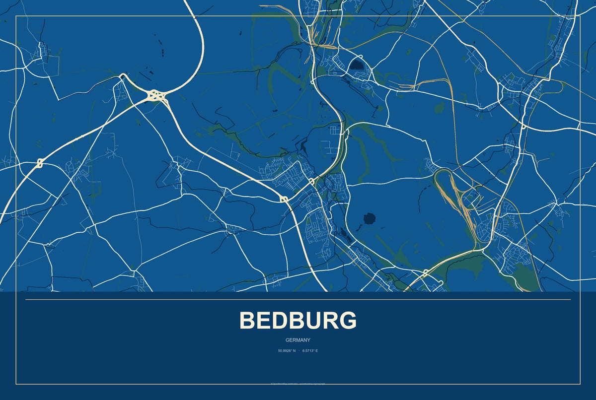 Bedburg, Germany City Map Aluminum Sign in Harbor Cobalt style