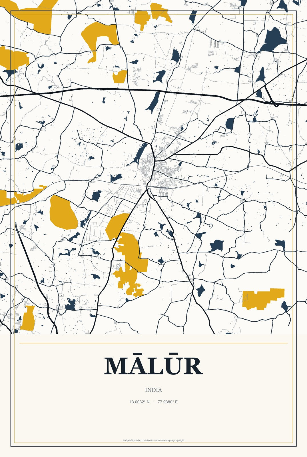 Mālūr, India City Map Aluminum Sign in Citrine Modern style