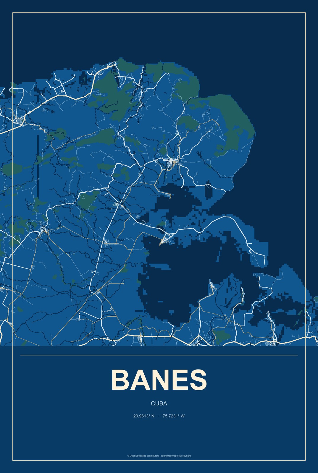 Banes, Cuba City Map Aluminum Sign in Harbor Cobalt style