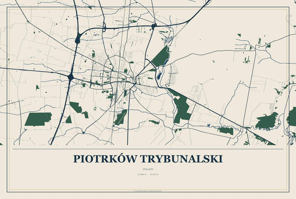 Piotrków Trybunalski, Poland City Map Aluminum Sign in Coastal Cutout style