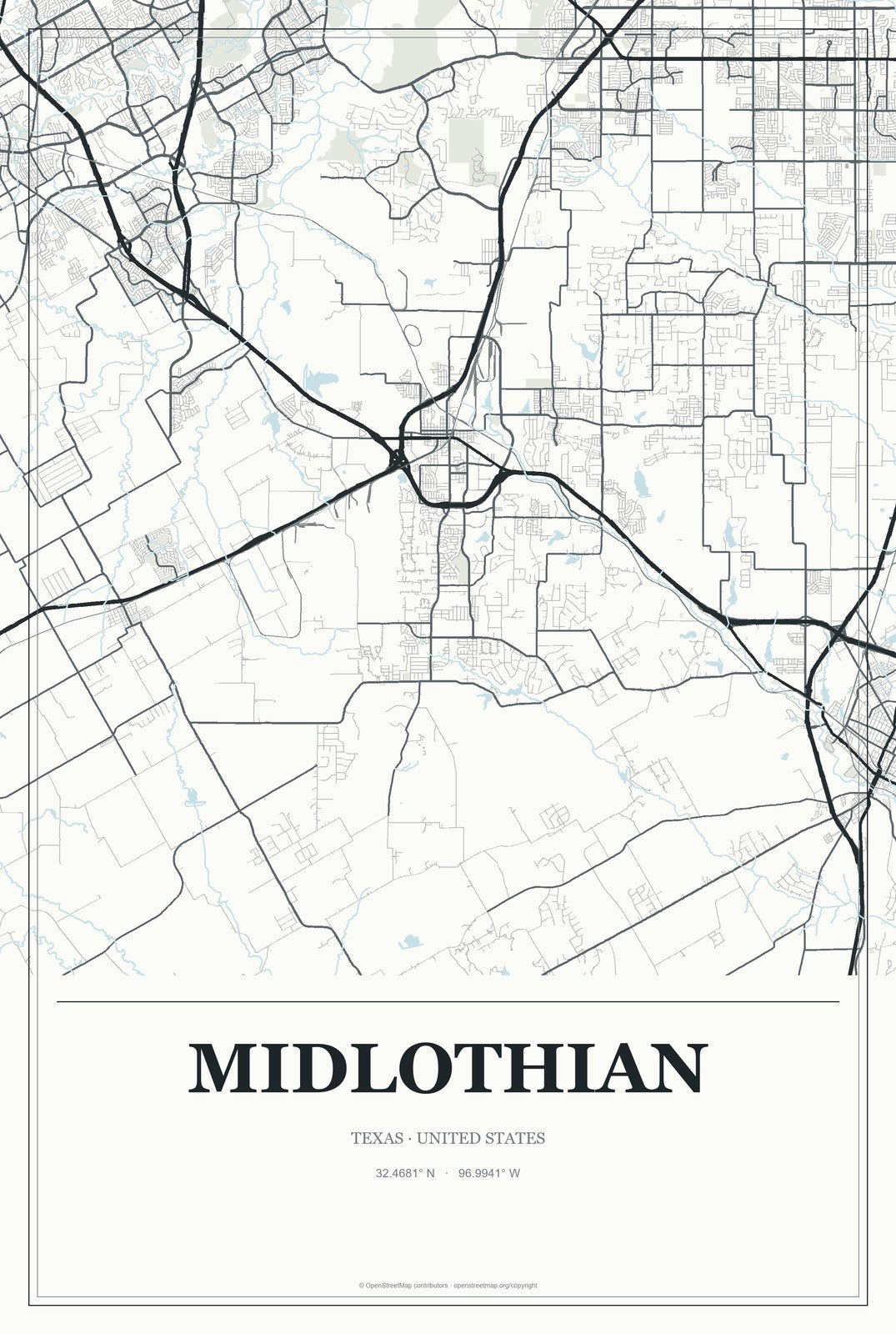 Midlothian, Texas City Map Aluminum Sign in Gallery Air style