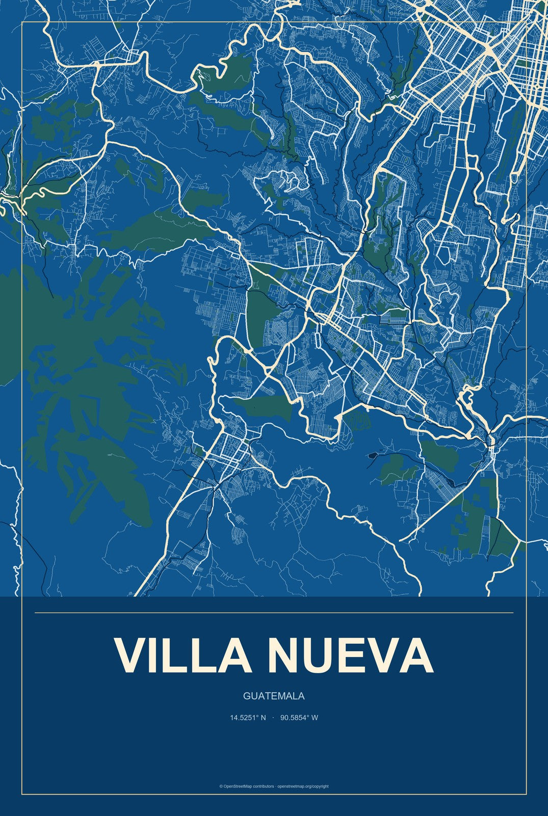 Villa Nueva, Guatemala City Map Aluminum Sign in Harbor Cobalt style