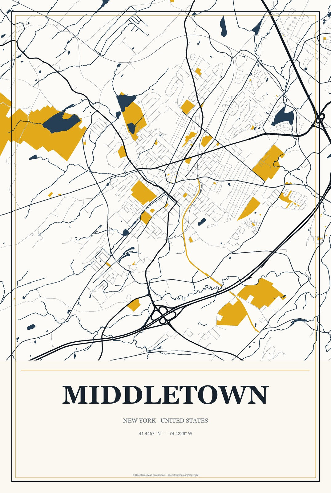 Middletown, New York City Map Aluminum Sign in Citrine Modern style