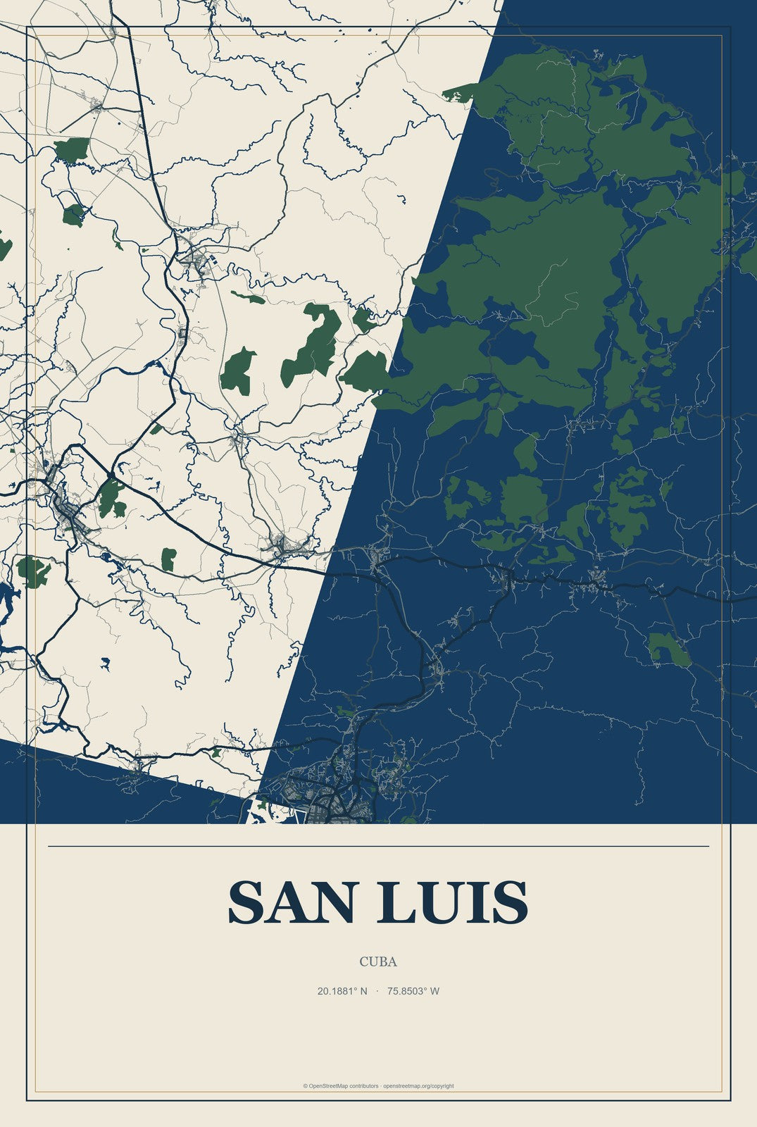 San Luis, Cuba City Map Aluminum Sign in Coastal Cutout style