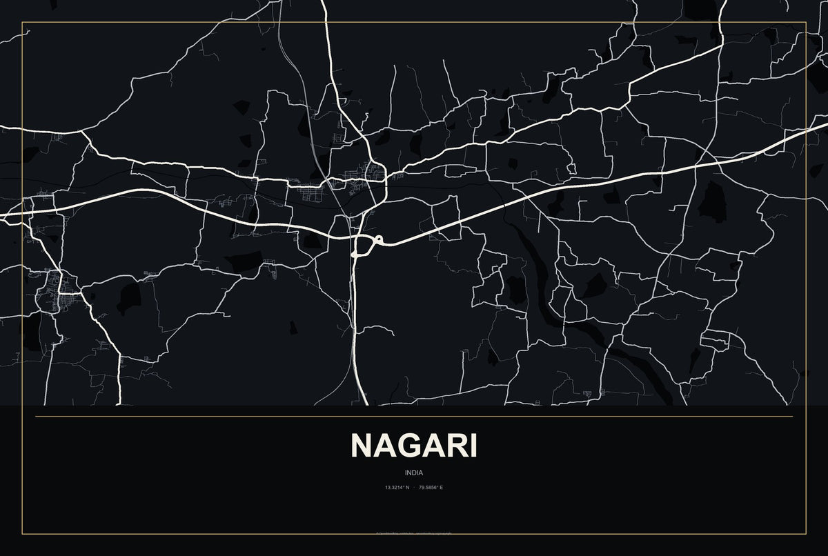 Nagari, India City Map Aluminum Sign in Metropolitan Noir style