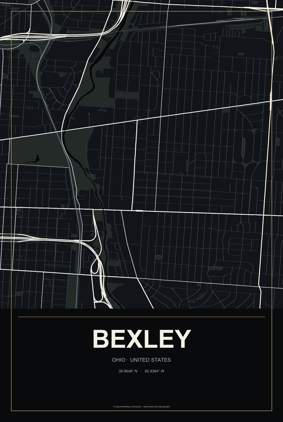 Bexley, Ohio City Map Aluminum Sign in Metropolitan Noir style