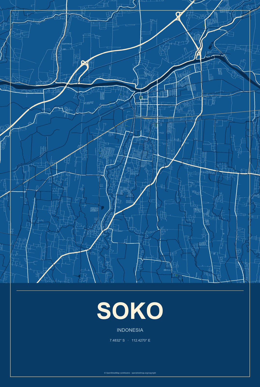 Soko, Indonesia City Map Aluminum Sign in Harbor Cobalt style