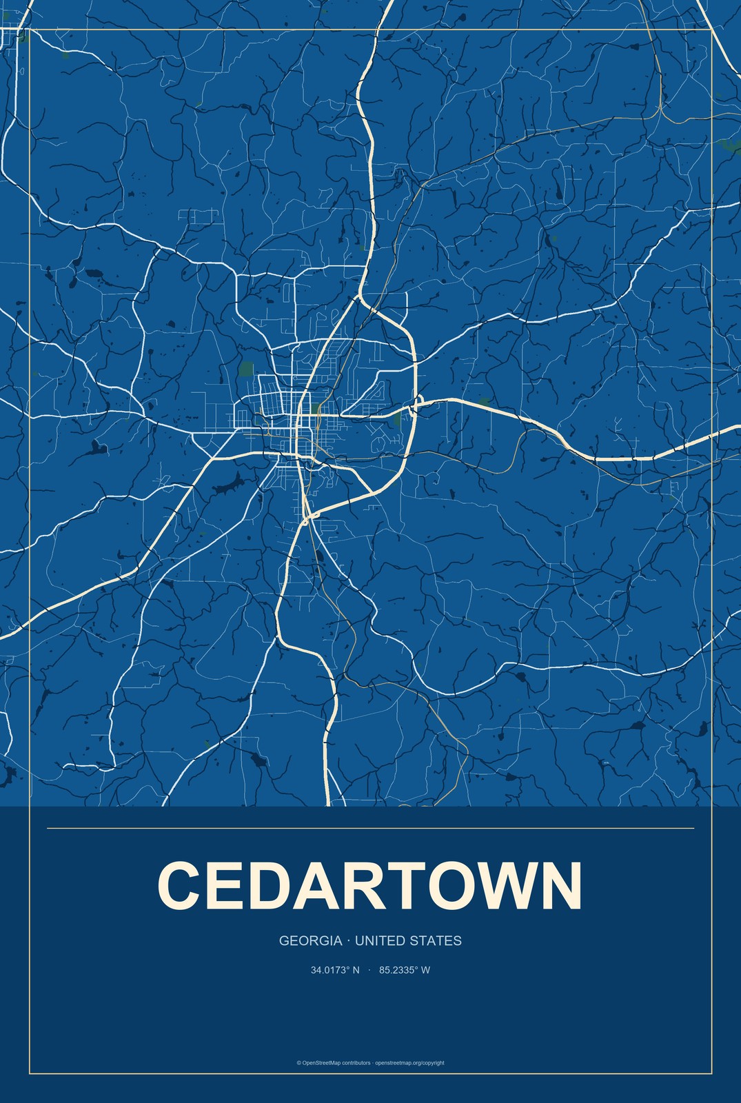 Cedartown, Georgia City Map Aluminum Sign in Harbor Cobalt style