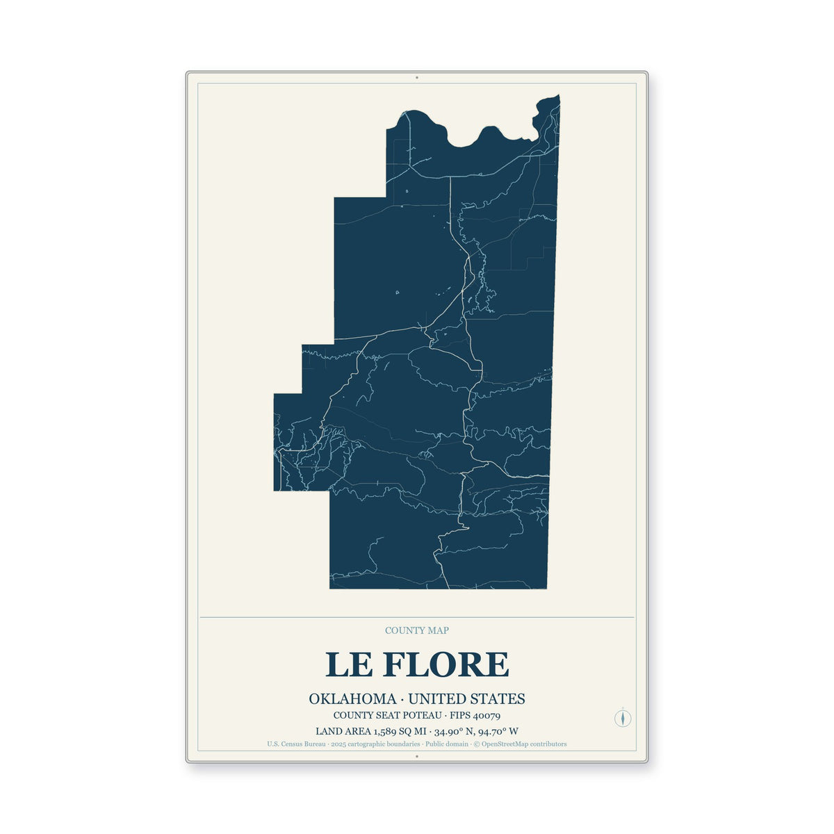 Le Flore County, Oklahoma Map Aluminum Sign in Coastal Cutout style