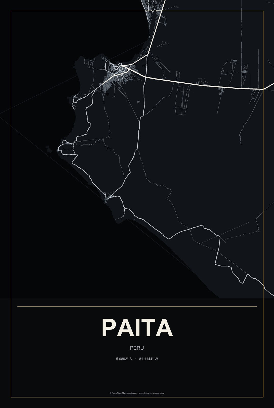 Paita, Peru City Map Aluminum Sign in Metropolitan Noir style
