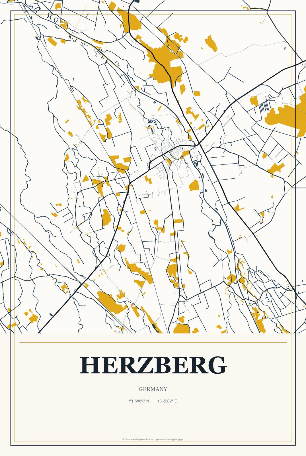 Herzberg, Germany City Map Aluminum Sign in Citrine Modern style