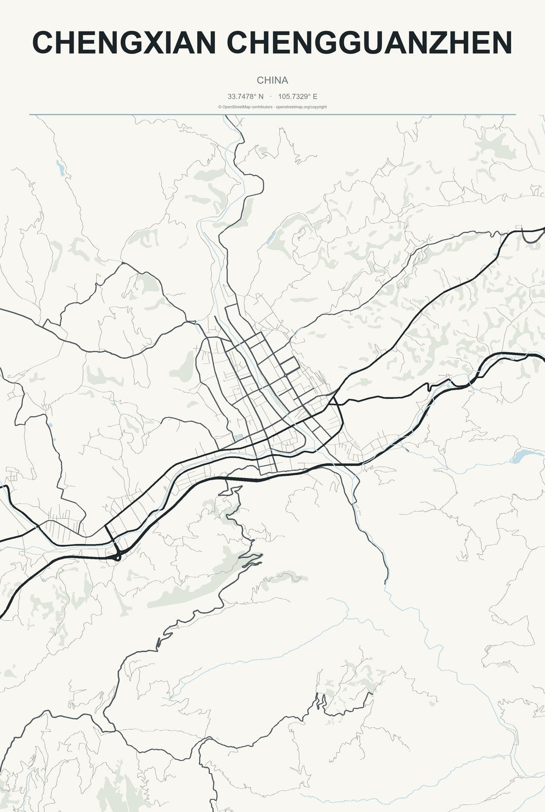 Chengxian Chengguanzhen, China City Map Aluminum Sign in Headline Atlas style