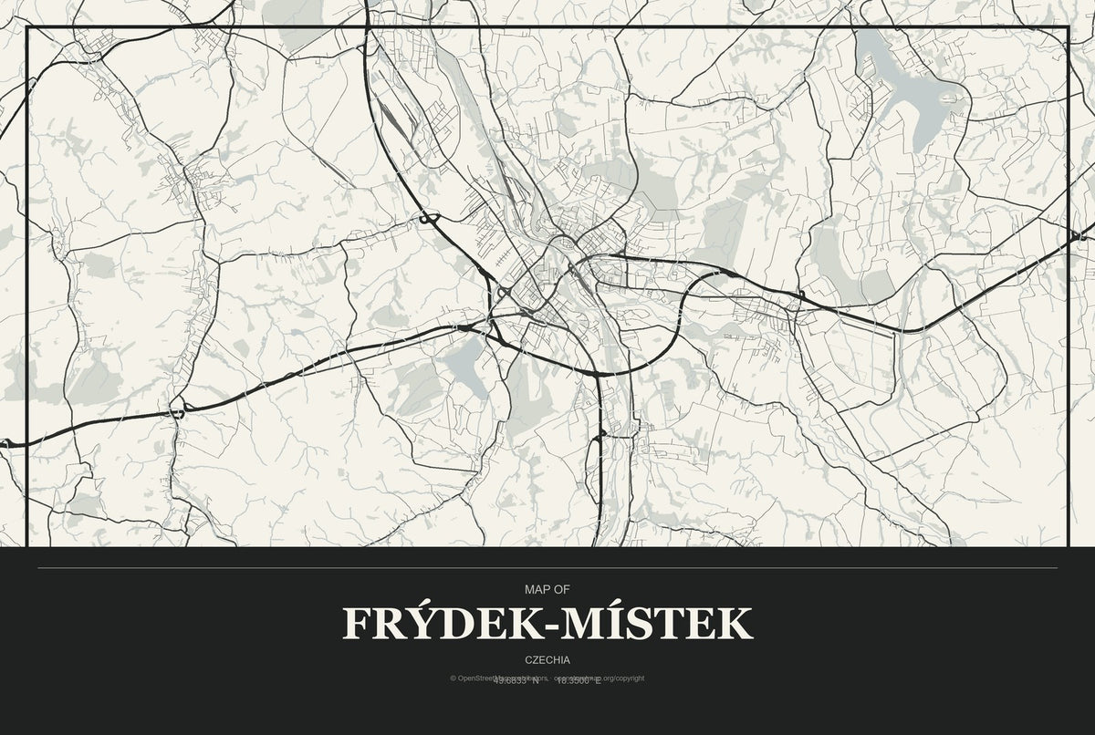 Frýdek-Místek, Czechia City Map Aluminum Sign in Museum Plaque style