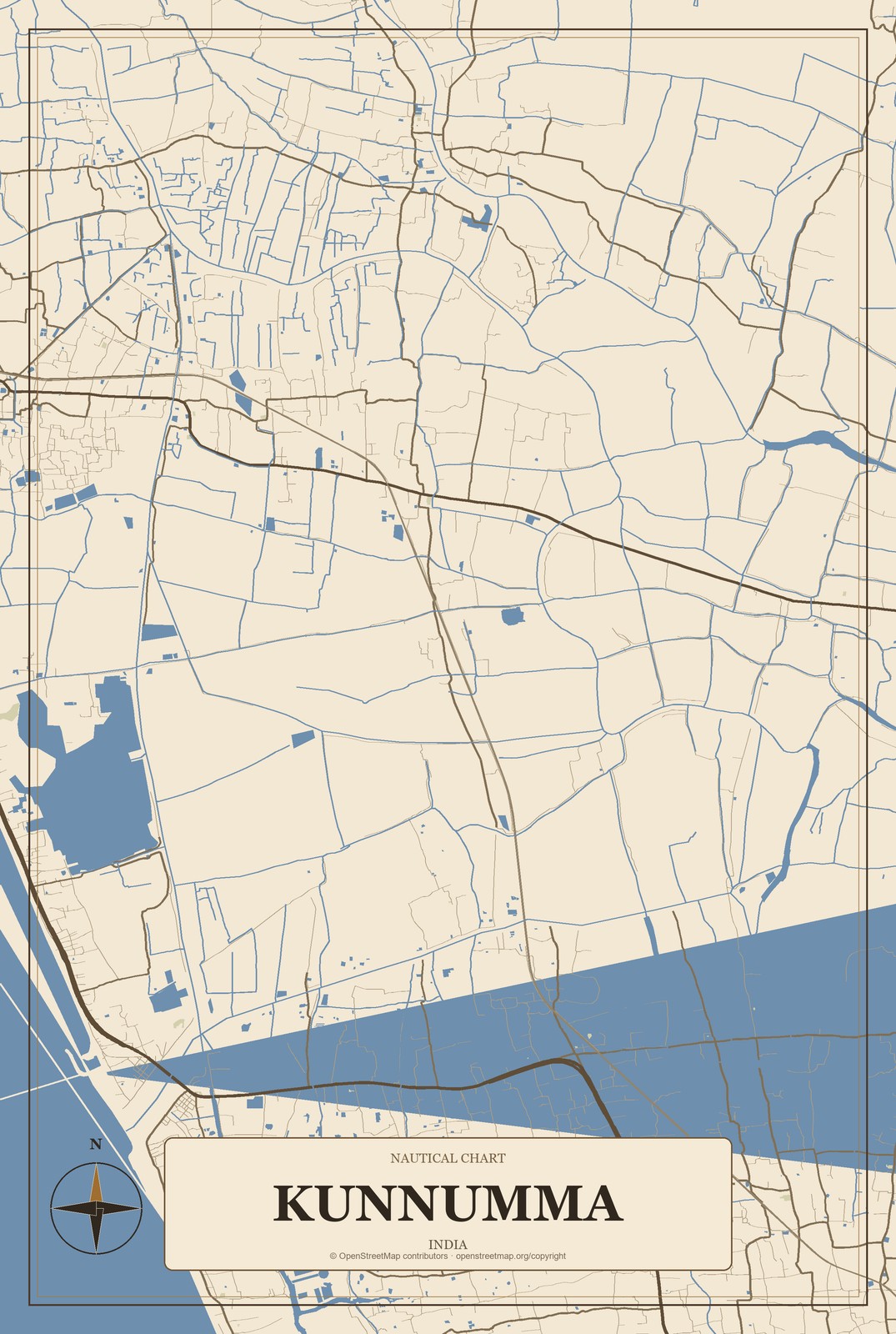 Kunnumma, India City Map Aluminum Sign in Heritage Nautical style