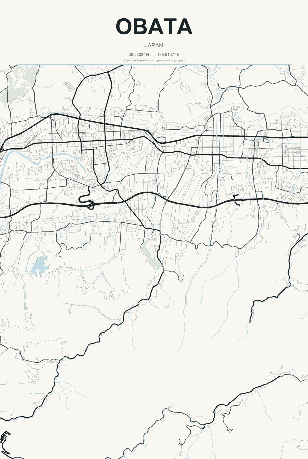 Obata, Japan City Map Aluminum Sign in Headline Atlas style