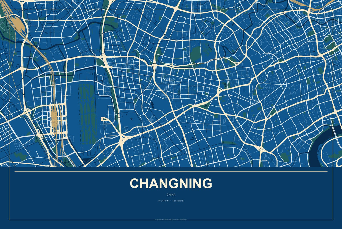 Changning, Shanghai, China City Map Aluminum Sign in Harbor Cobalt style