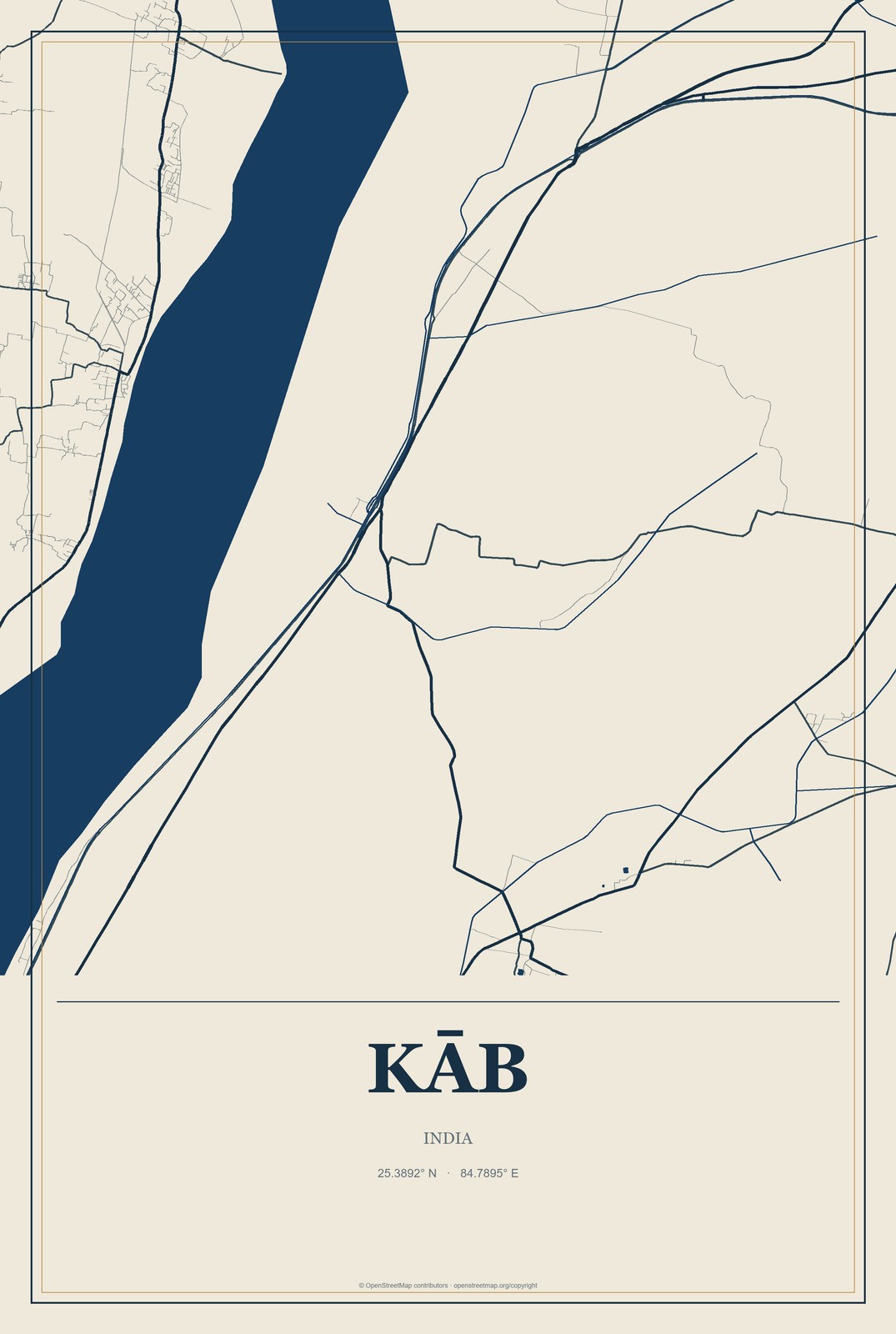 Kāb, India City Map Aluminum Sign in Coastal Cutout style