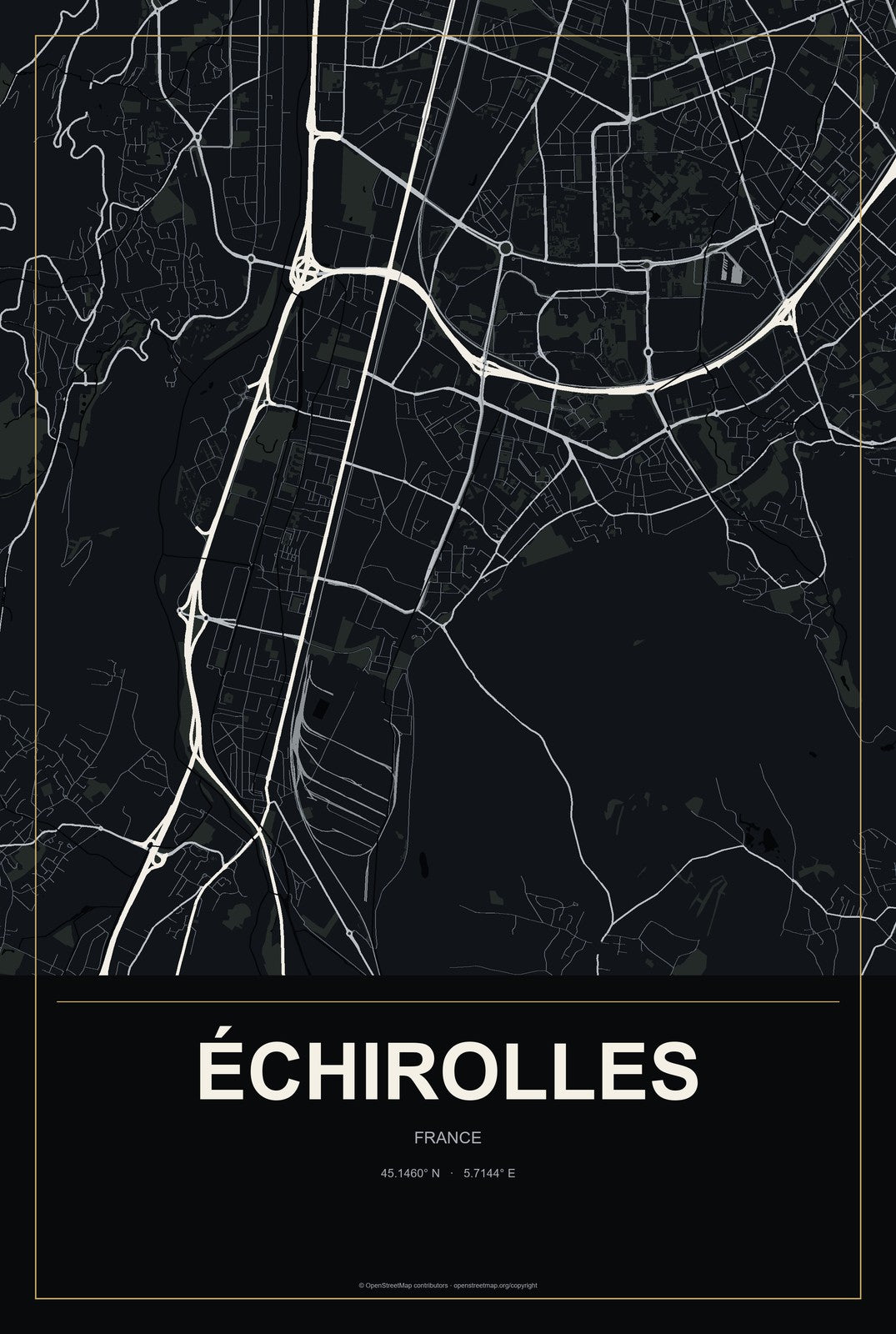 Échirolles, France City Map Aluminum Sign in Metropolitan Noir style
