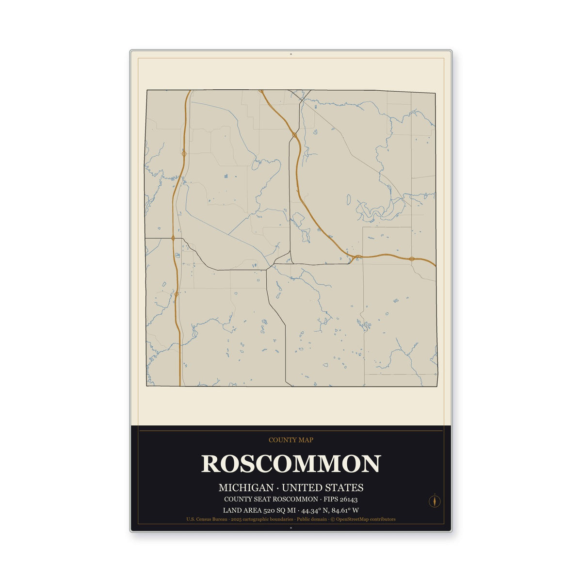 Roscommon County, Michigan Map Aluminum Sign in Museum Plaque style