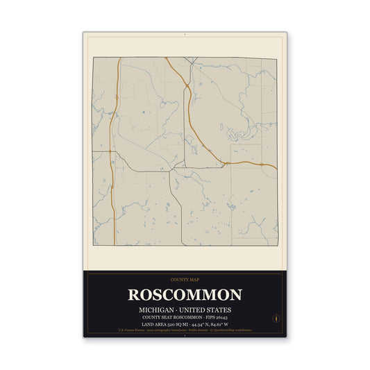 Roscommon County, Michigan Map Aluminum Sign in Museum Plaque style