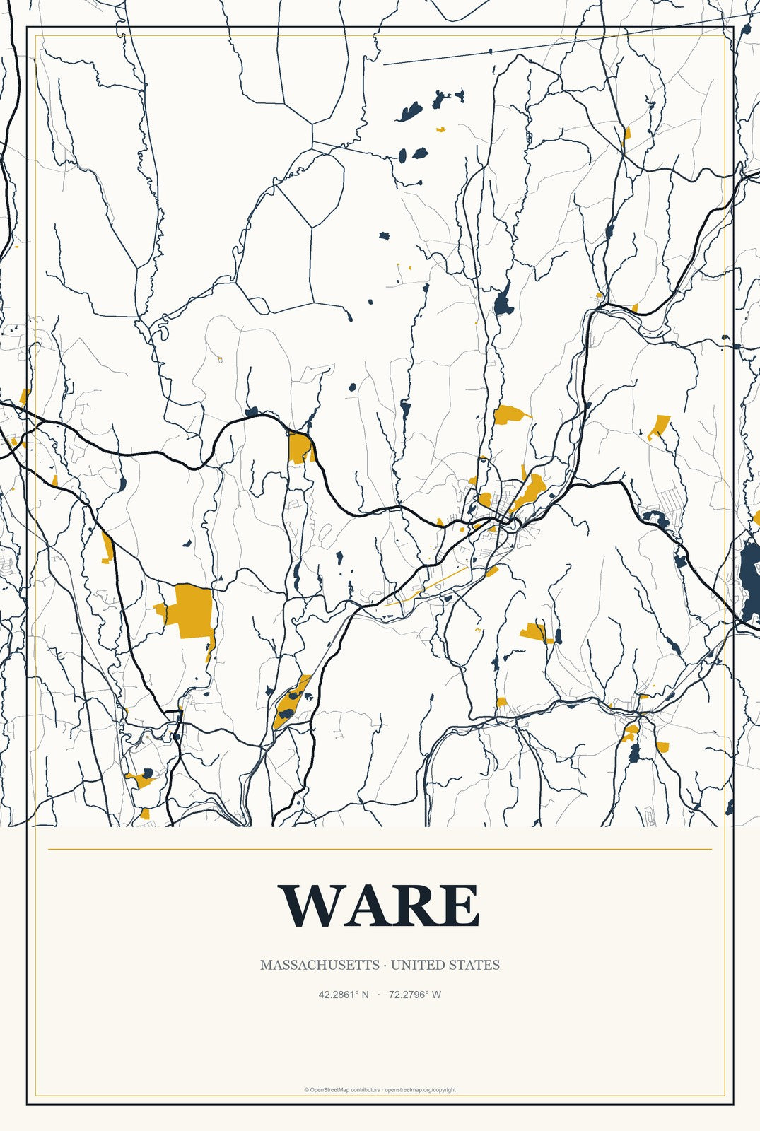 Ware, Massachusetts City Map Aluminum Sign in Citrine Modern style