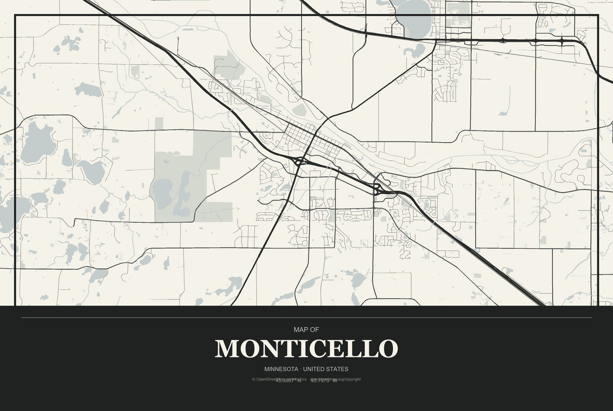 Monticello, Minnesota City Map Aluminum Sign in Museum Plaque style