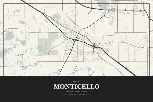 Monticello, Minnesota City Map Aluminum Sign in Museum Plaque style