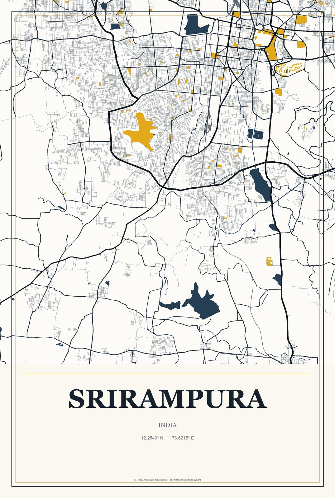Srirampura, India City Map Aluminum Sign in Citrine Modern style