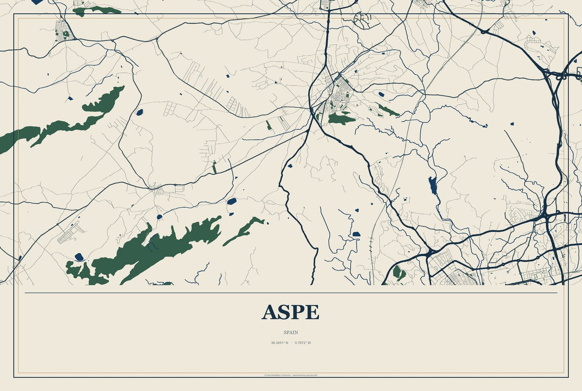 Aspe, Spain City Map Aluminum Sign in Coastal Cutout style