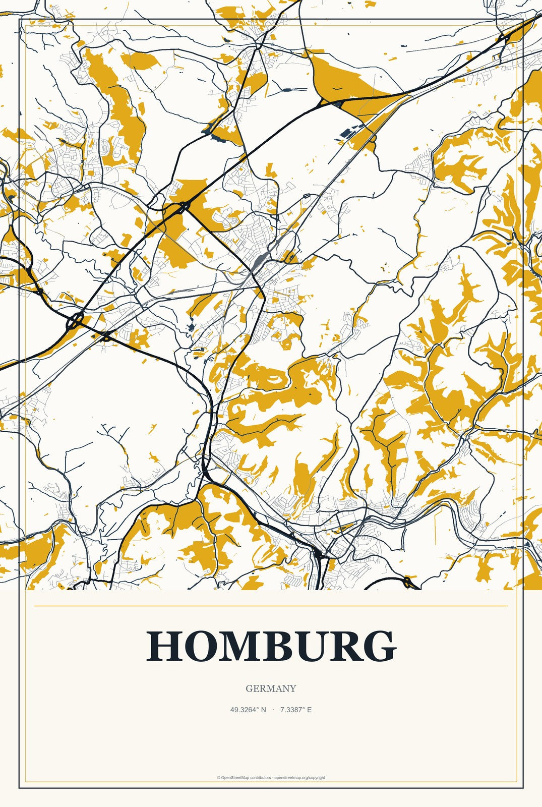 Homburg, Germany City Map Aluminum Sign in Citrine Modern style