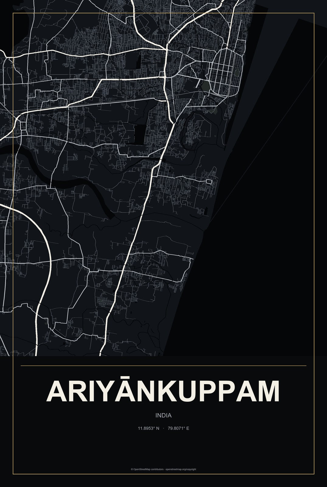 Ariyānkuppam, India City Map Aluminum Sign in Metropolitan Noir style