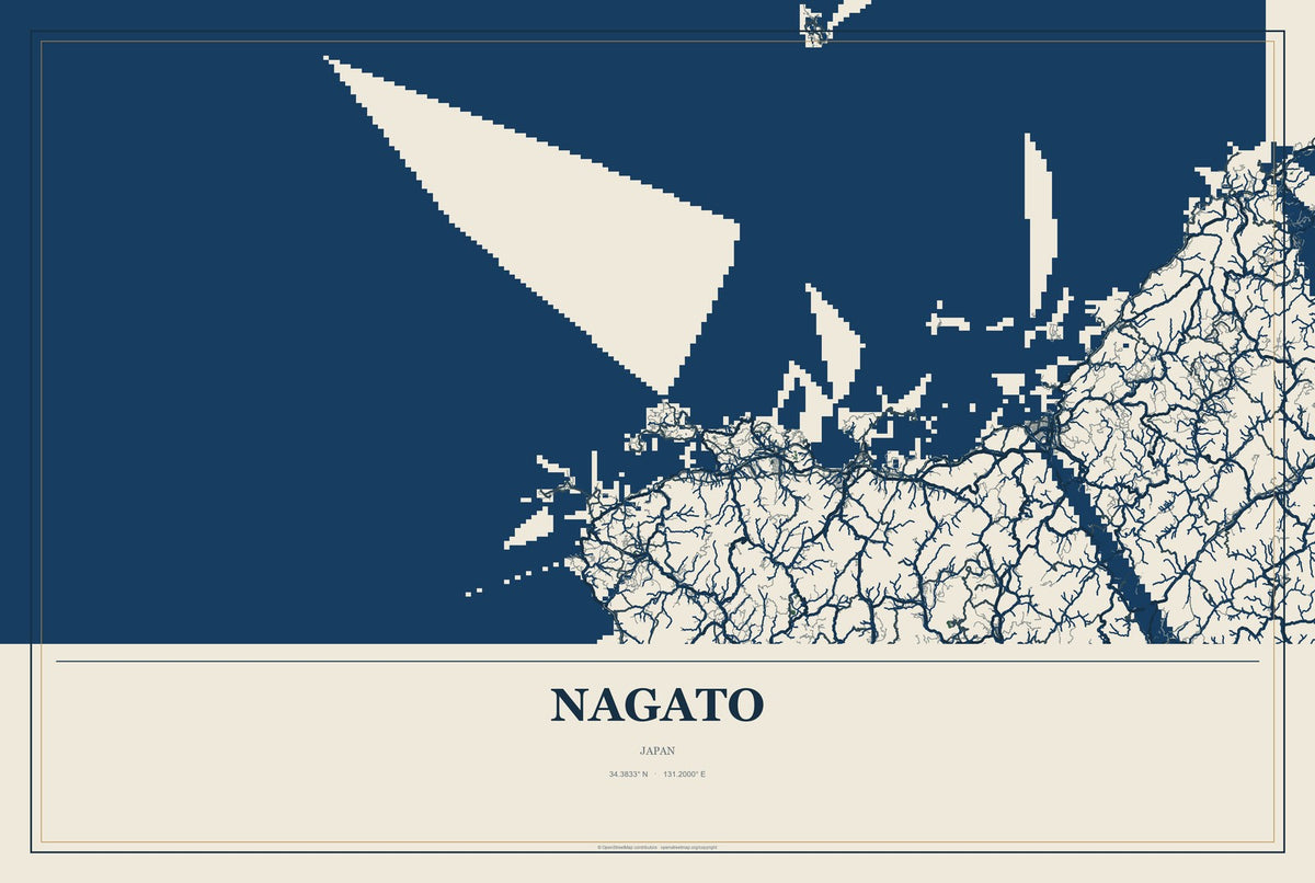 Nagato, Japan City Map Aluminum Sign in Coastal Cutout style