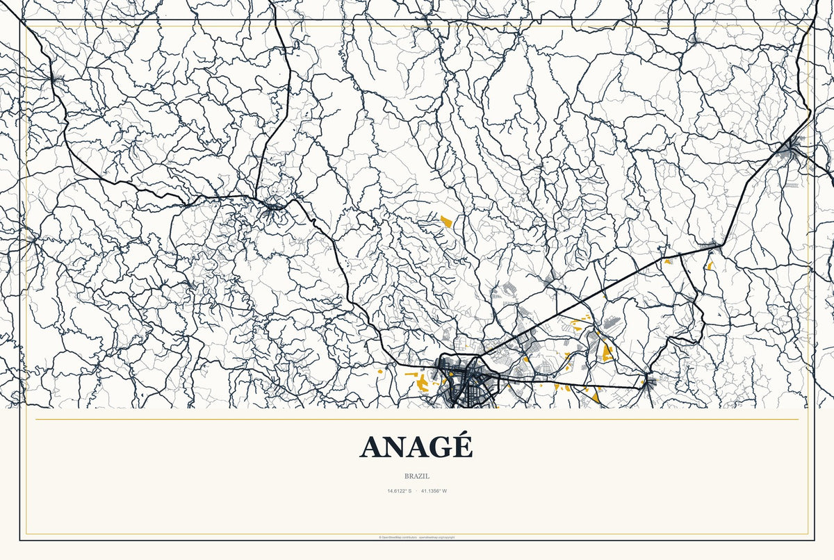 Anagé, Brazil City Map Aluminum Sign in Citrine Modern style
