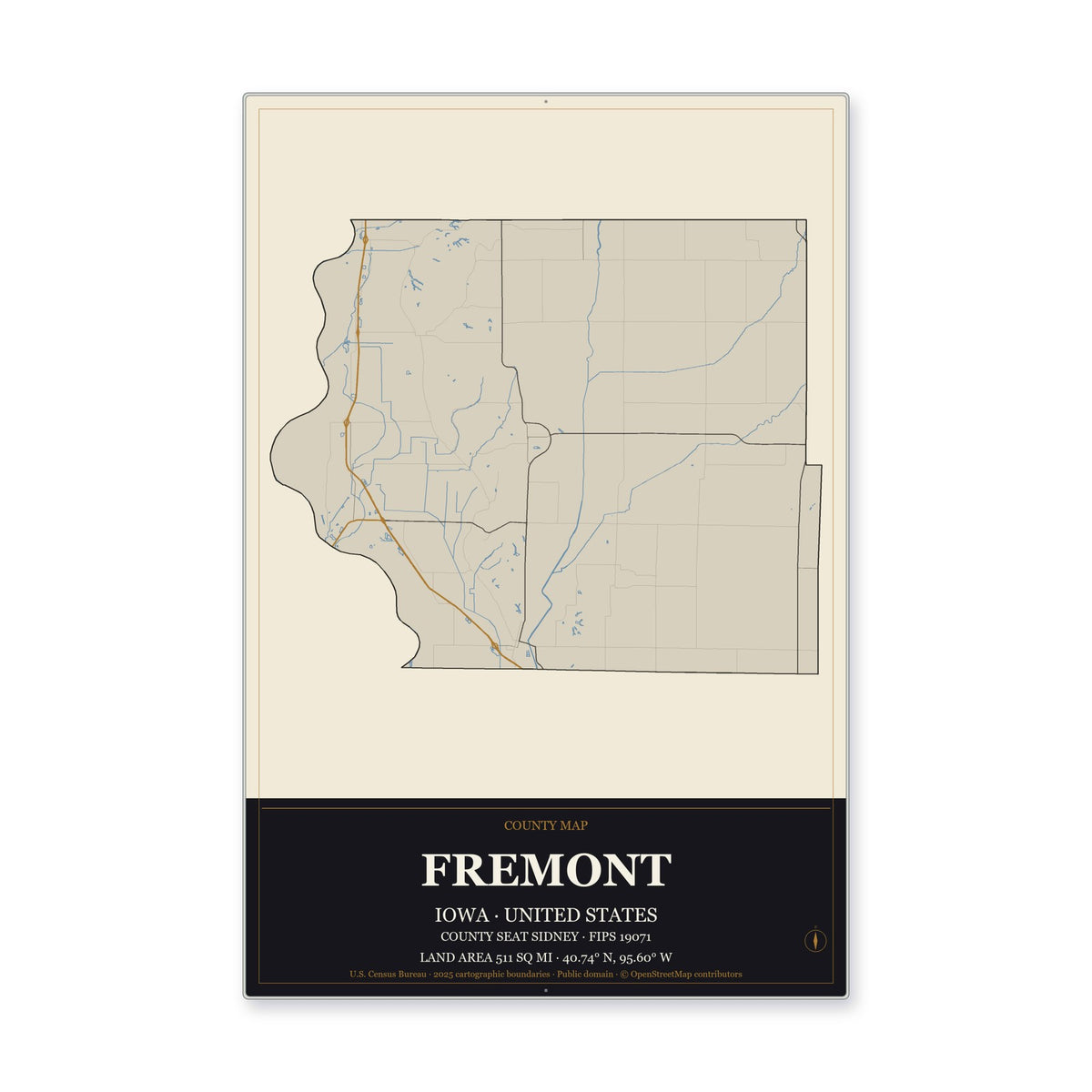 Fremont County, Iowa Map Aluminum Sign in Museum Plaque style