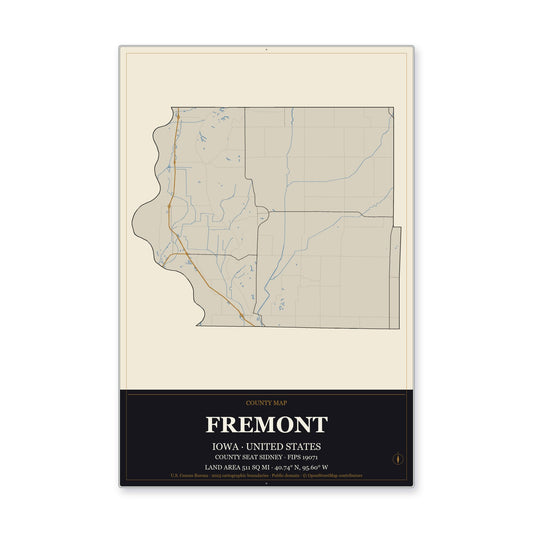Fremont County, Iowa Map Aluminum Sign in Museum Plaque style