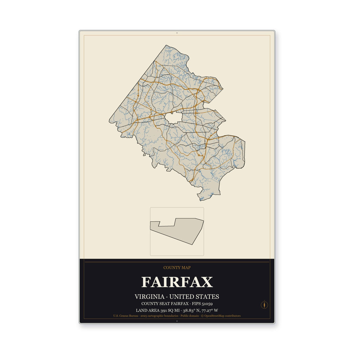 Fairfax County, Virginia Map Aluminum Sign in Museum Plaque style