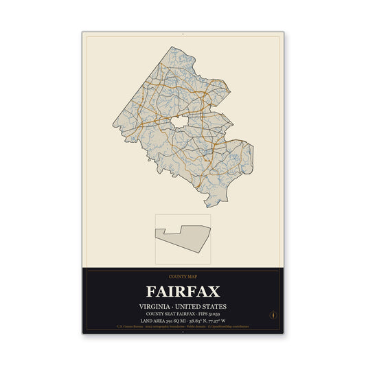 Fairfax County, Virginia Map Aluminum Sign in Museum Plaque style