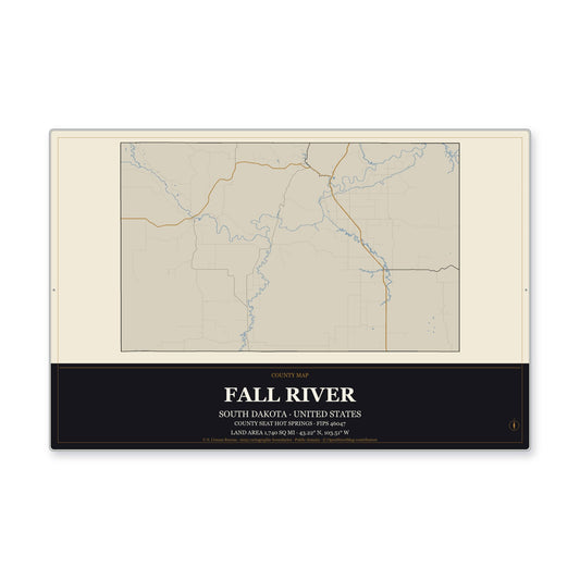 Fall River County, South Dakota Map Aluminum Sign in Museum Plaque style