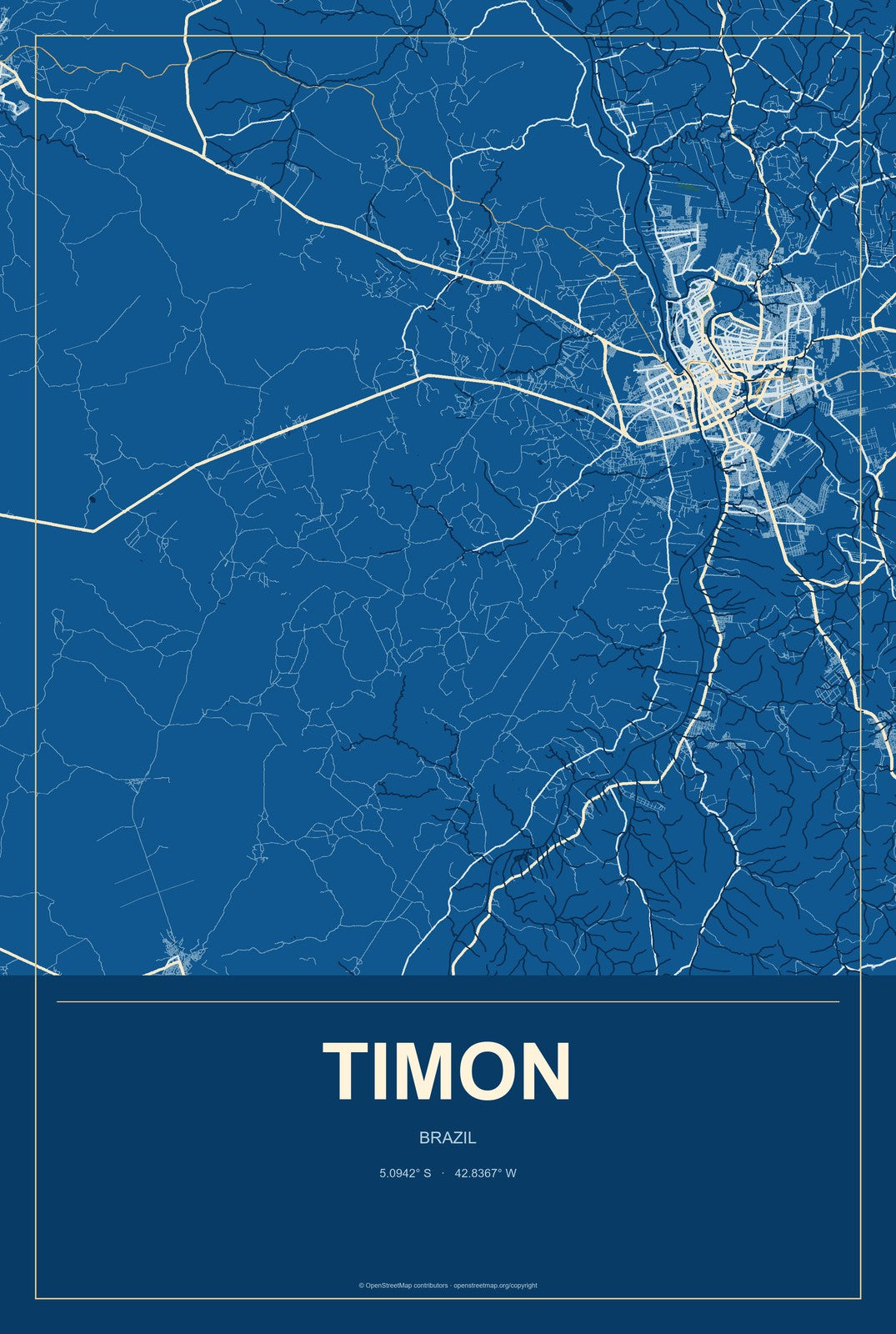 Timon, Brazil City Map Aluminum Sign in Harbor Cobalt style