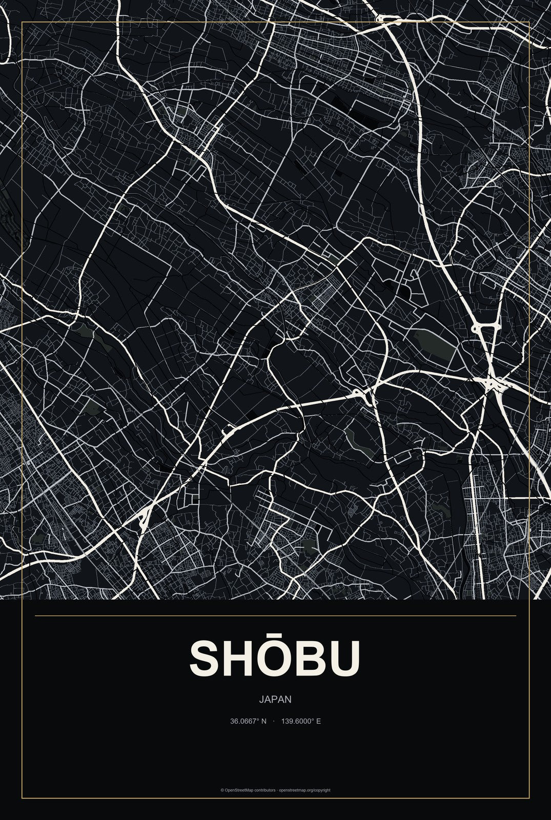 Shōbu, Japan City Map Aluminum Sign in Metropolitan Noir style