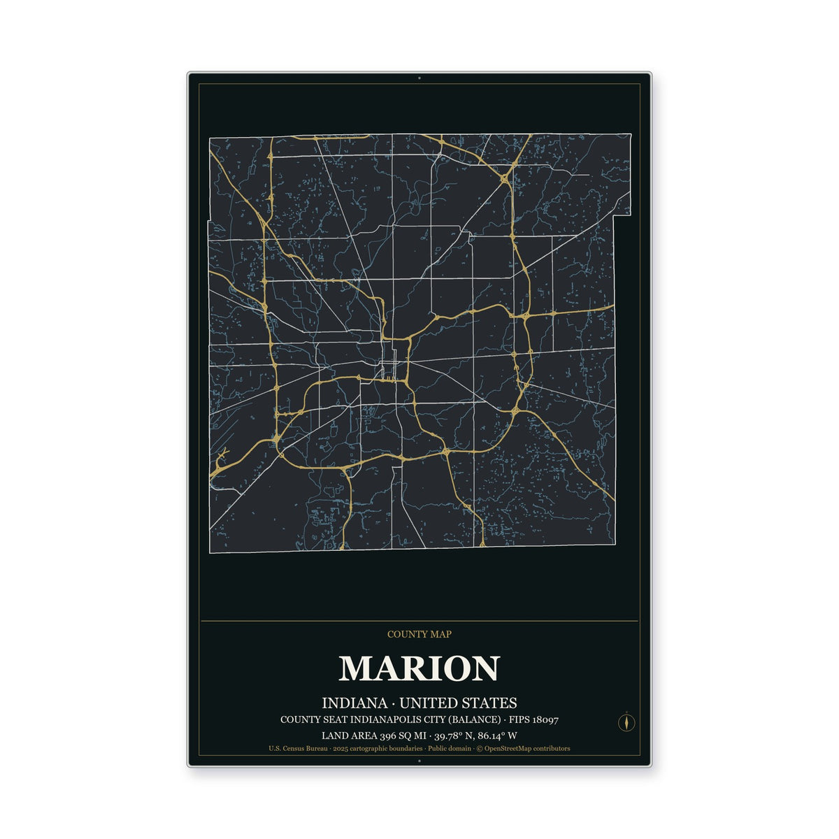 Marion County, Indiana Map Aluminum Sign in Metropolitan Noir style