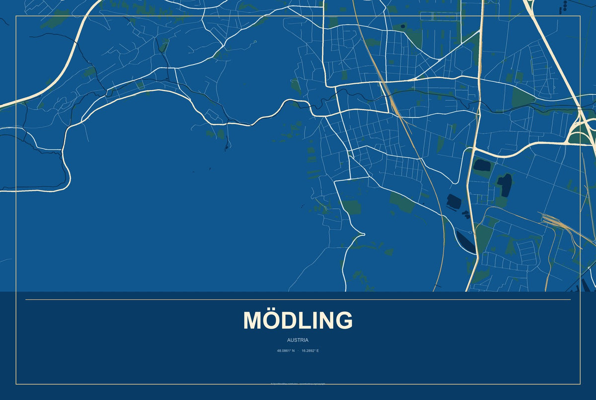 Mödling, Austria City Map Aluminum Sign in Harbor Cobalt style
