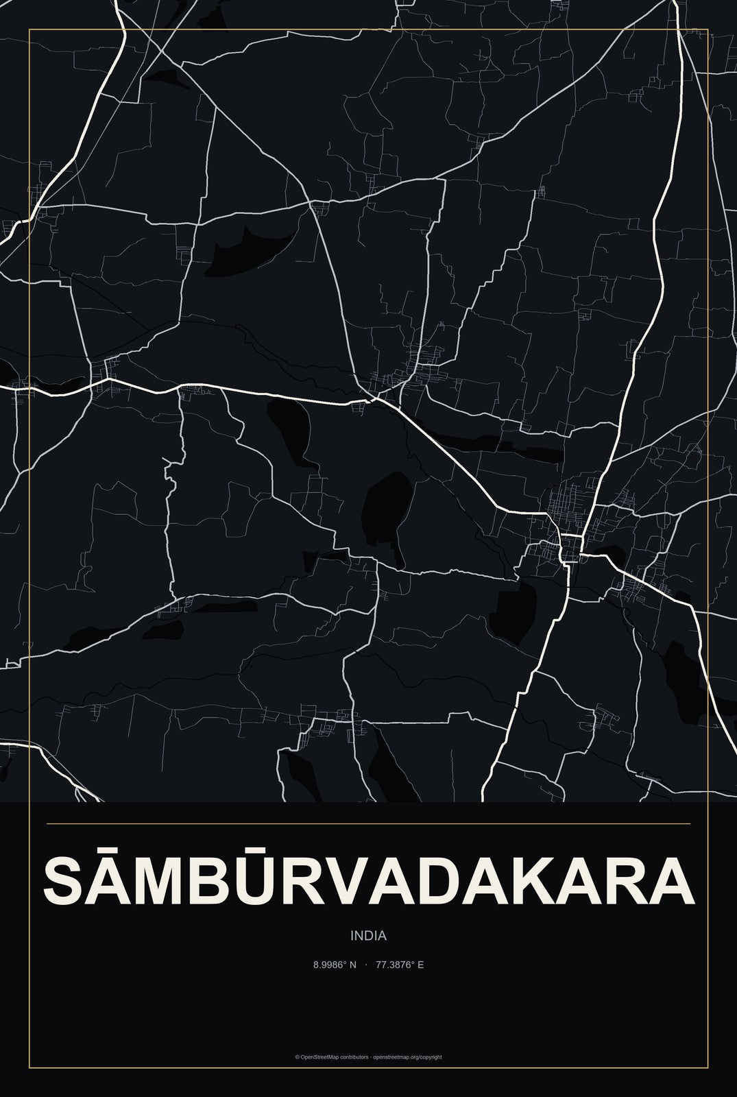Sāmbūrvadakara, India City Map Aluminum Sign in Metropolitan Noir style