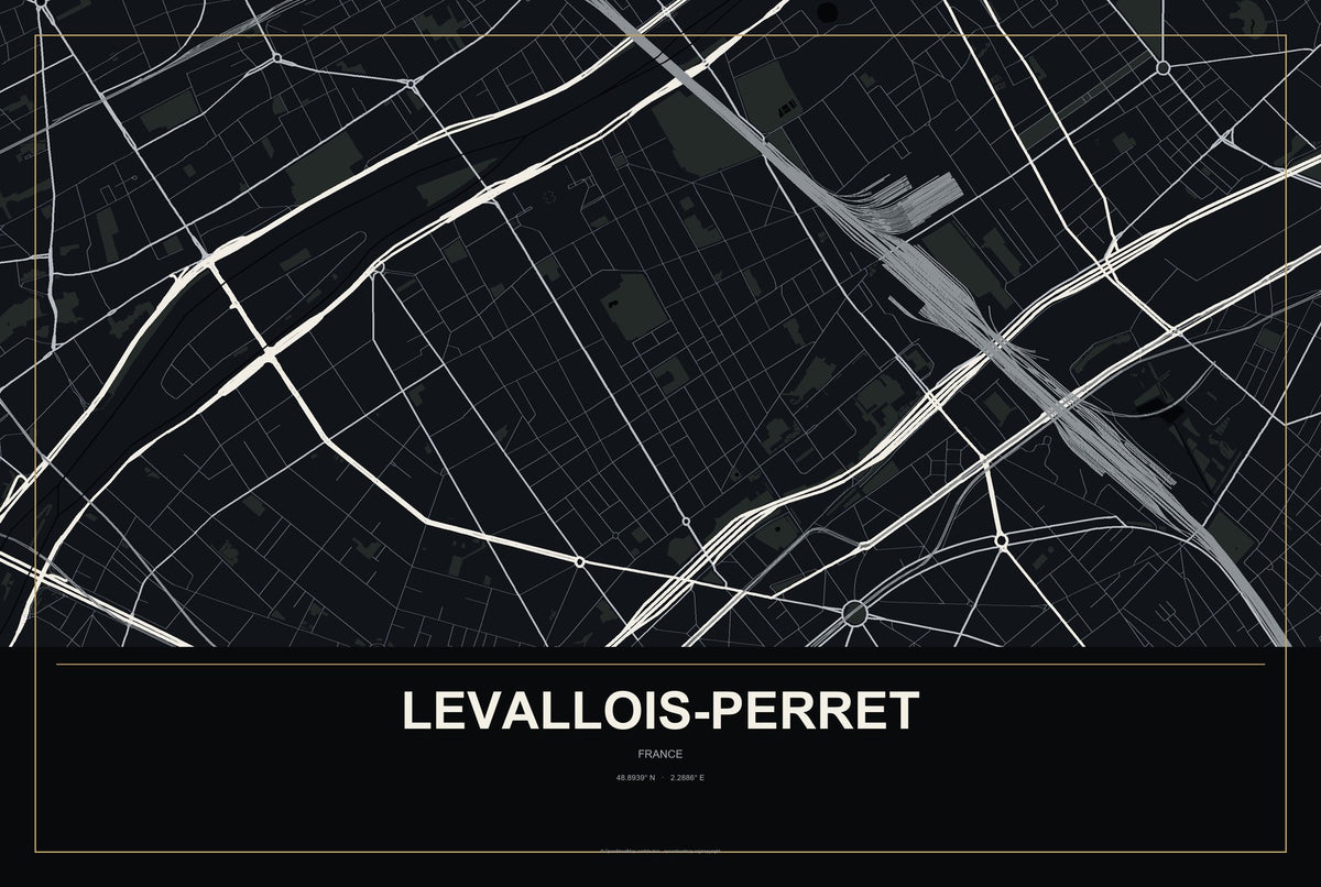 Levallois-Perret, France City Map Aluminum Sign in Metropolitan Noir style