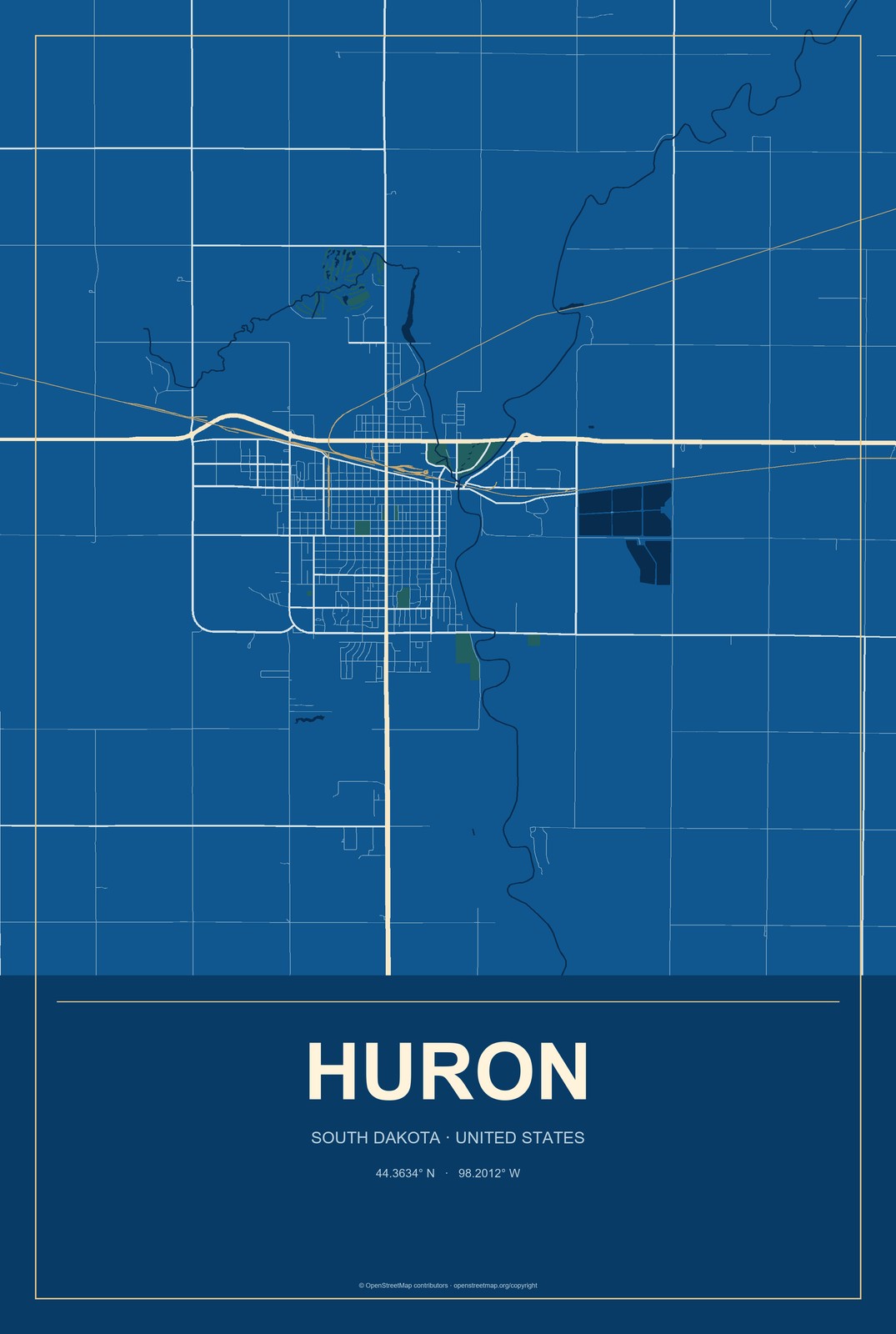 Huron, South Dakota City Map Aluminum Sign in Harbor Cobalt style