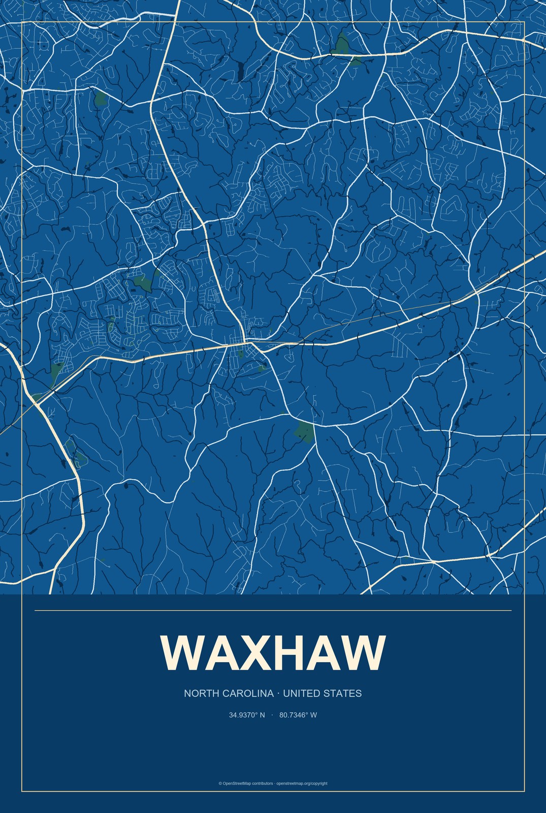 Waxhaw, North Carolina City Map Aluminum Sign in Harbor Cobalt style