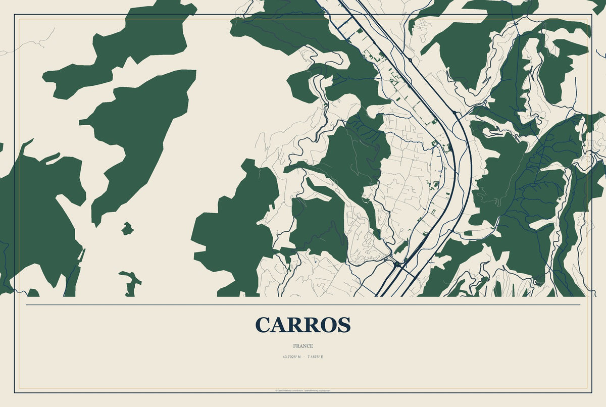 Carros, France City Map Aluminum Sign in Coastal Cutout style