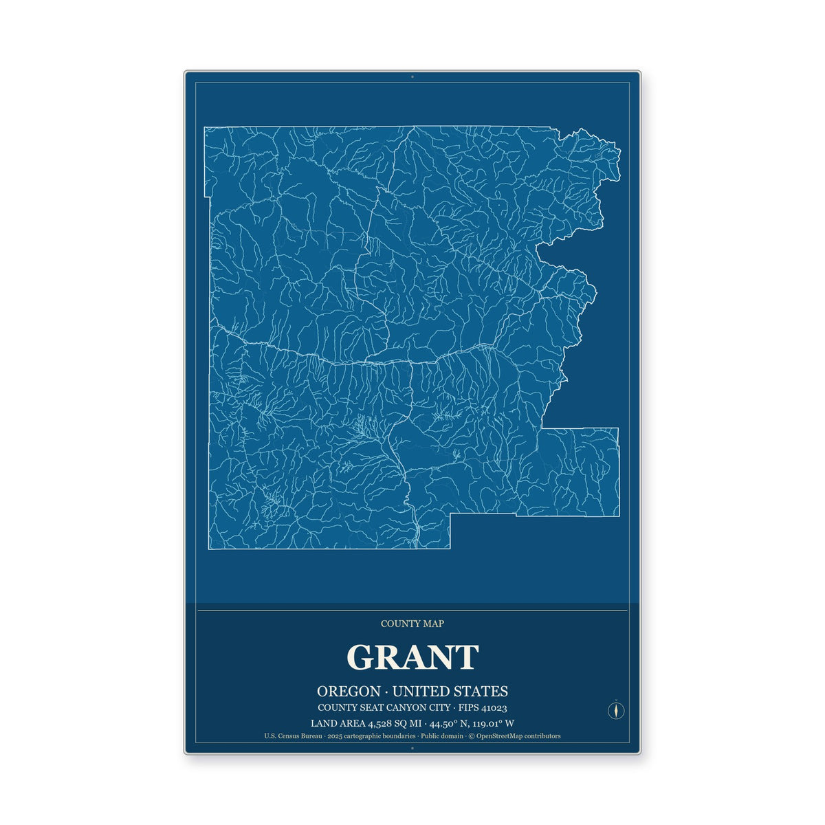 Grant County, Oregon Map Aluminum Sign in Harbor Cobalt style