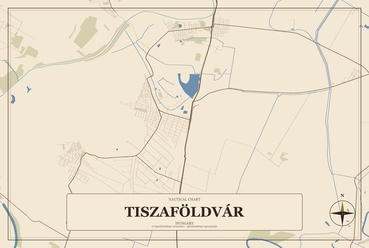 Tiszaföldvár, Hungary City Map Aluminum Sign in Heritage Nautical style