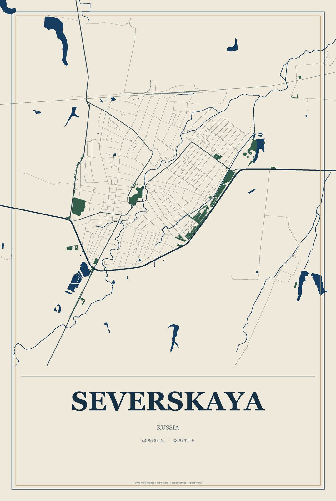 Severskaya, Russia City Map Aluminum Sign in Coastal Cutout style